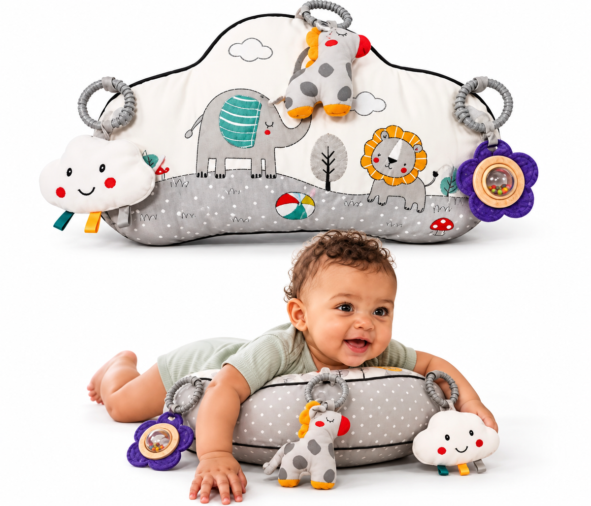 Safari animals tummy time pillow with detachable giraffe, cloud and flower rattle toys